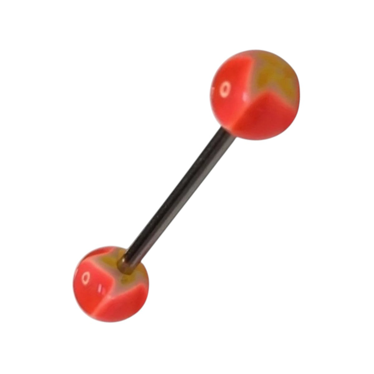 Aramat Jewels steel tongue piercing with orange, yellow, and white acrylic balls. Features a 16mm bar and 6mm balls.