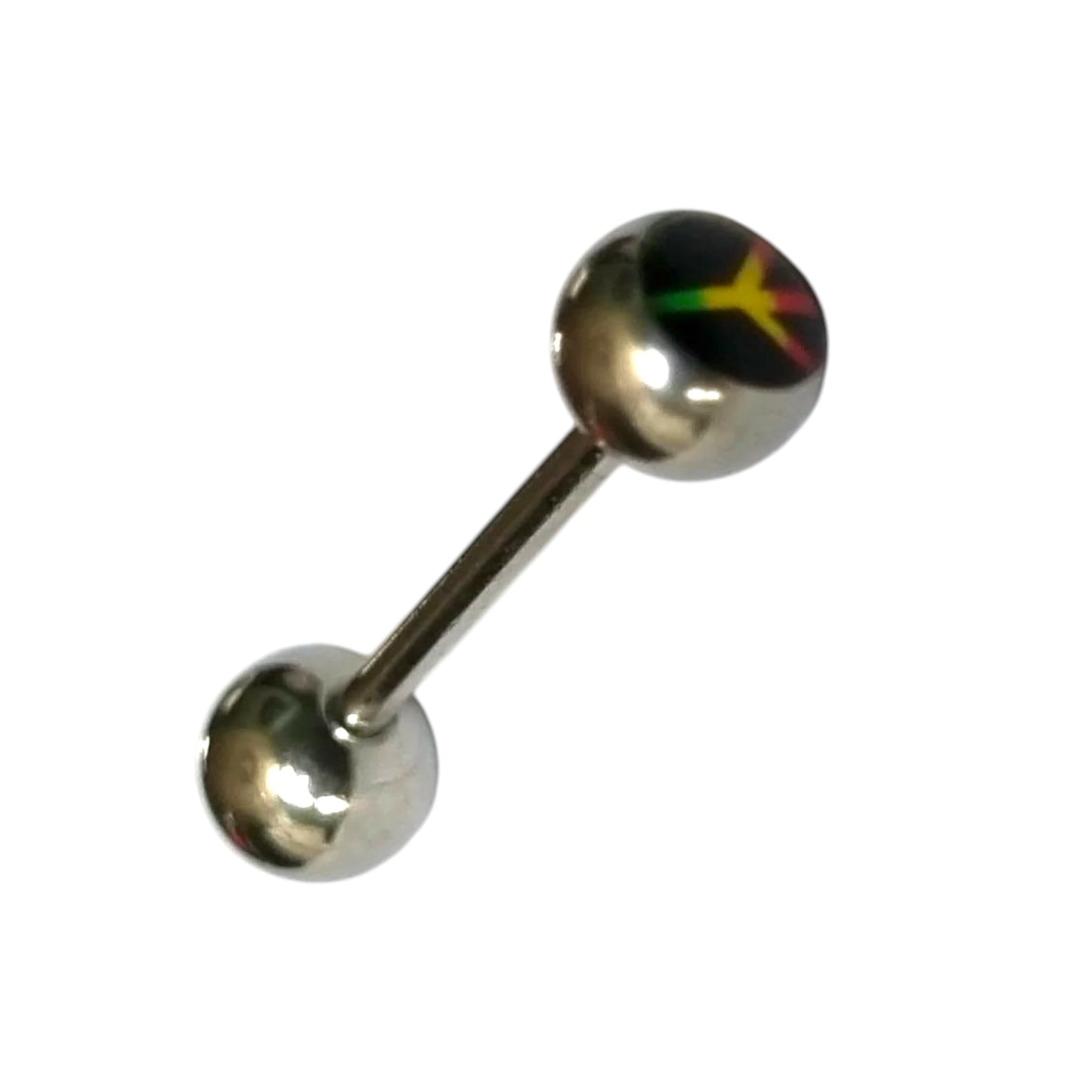 Aramat Jewels steel tongue piercing with a peace sign in rasta colors on the bottom ball.