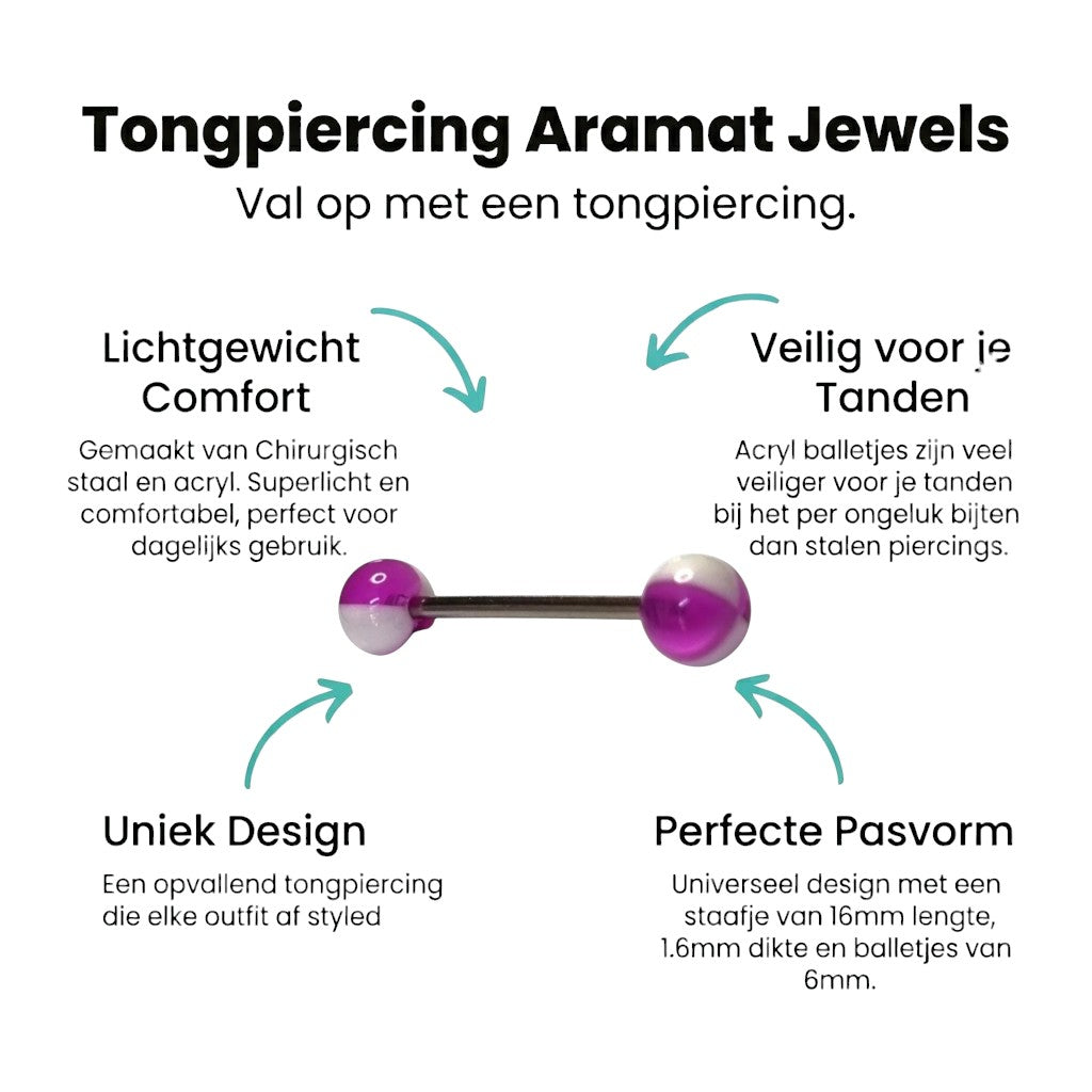 Aramat Jewels steel tongue piercing with purple and white acrylic balls. Features a 6mm ball size and 16mm bar.