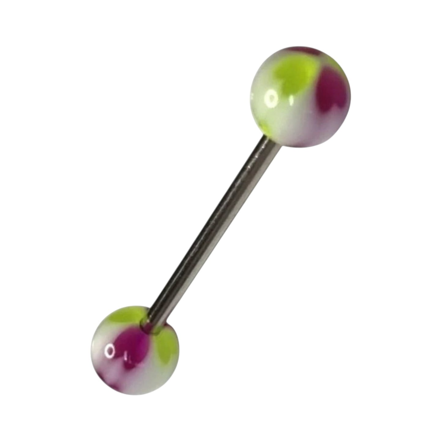 Aramat Jewels steel tongue piercing with acrylic balls in purple, yellow, and white swirl design.