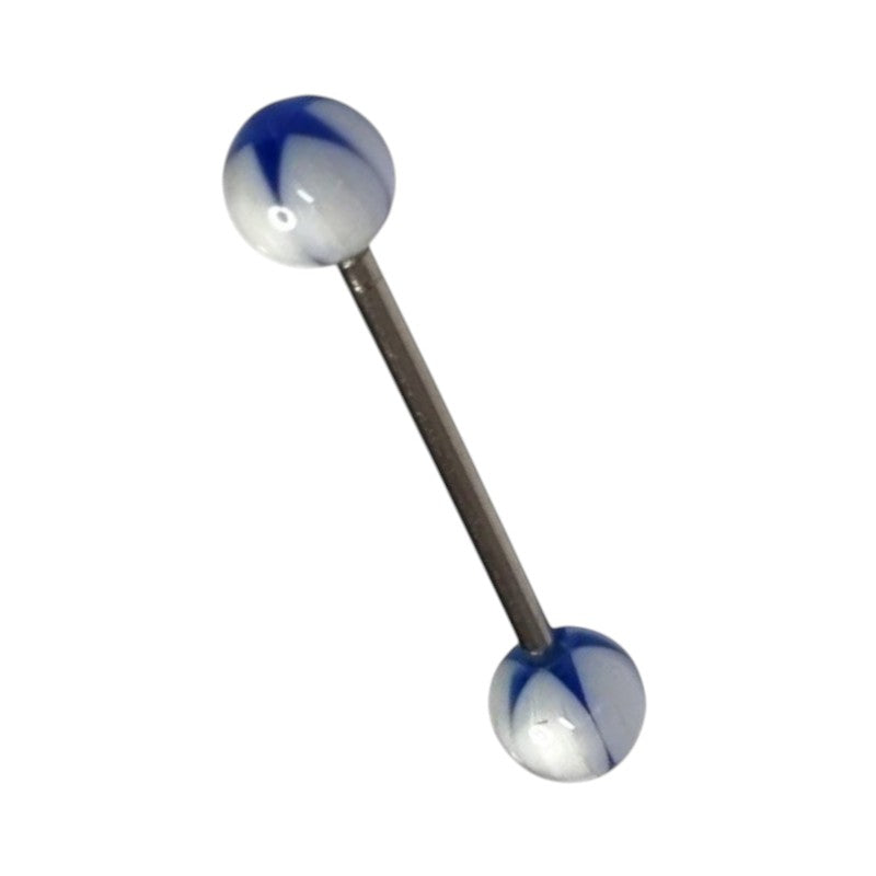 Aramat Jewels steel tongue piercing with blue and white marbled acrylic balls and a star design.