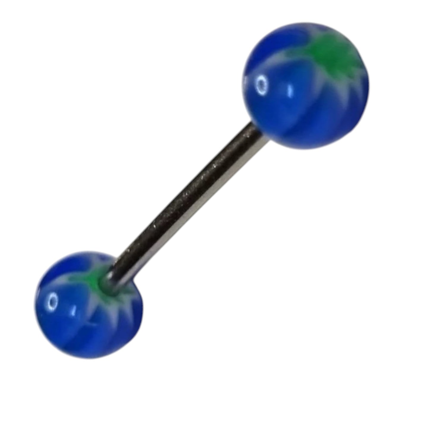 Aramat Jewels steel tongue piercing with white, blue, and green acrylic weed leaf design.