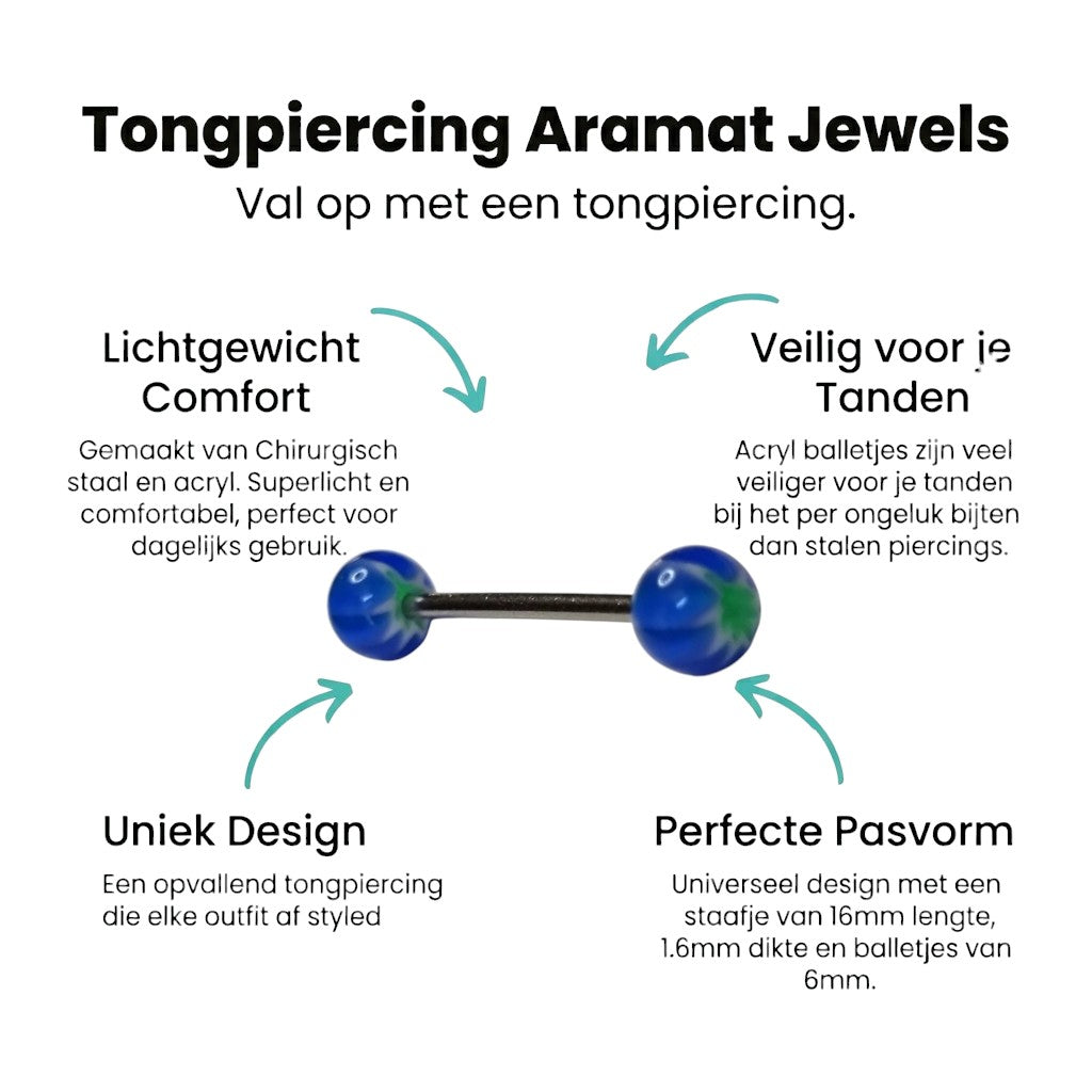 Aramat Jewels steel tongue piercing with white, blue, and green acrylic weed leaf design.