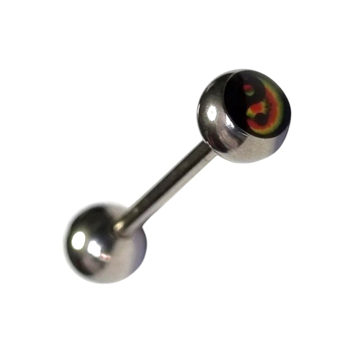 Aramat Jewels steel tongue piercing with a black, yellow, red, and green Yin Yang symbol on the bottom ball.