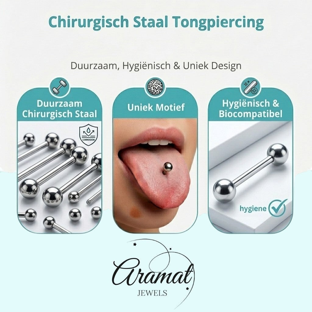 Aramat Jewels silver-tone steel tongue piercing with a black, yellow, red, and green Yin Yang symbol.