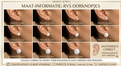 Aramat Jewels size guide showing various 2mm to 12mm stud earring sizes on earlobes for scale and comparison