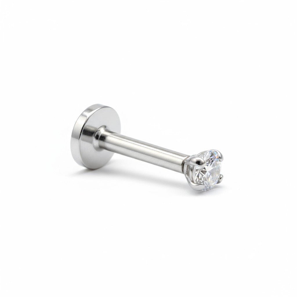Aramat Jewels silver-colored surgical steel tragus and helix piercing with a 2mm clear zirconia stone.