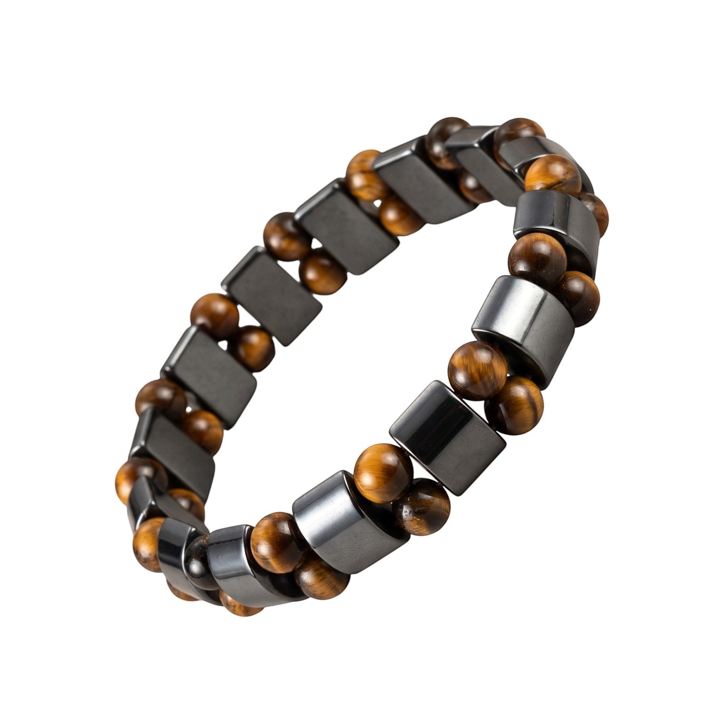 Aramat Jewels® verstelbare armband met ronde tijgeroog en rechthoekige hematiet stenen.