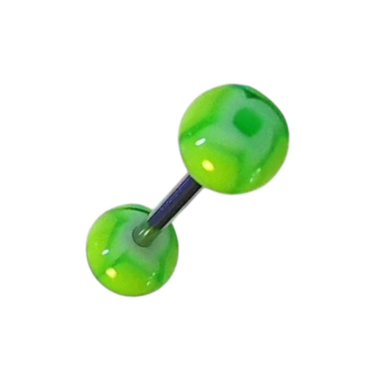 Aramat Jewels steel tongue piercing with bright yellow and green marbled acrylic balls.