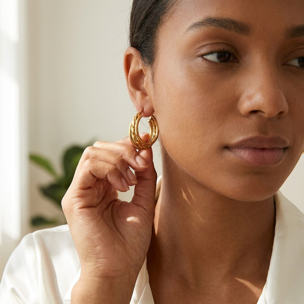 Aramat Jewels triple gold hoop earrings, 30x7.5mm, featuring two smooth rings and one twisted ring. Worn by a woman.