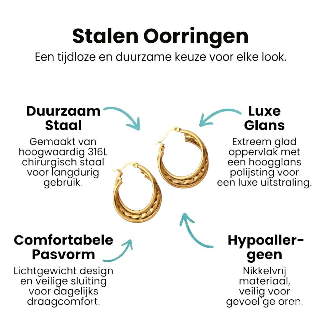 Aramat Jewels triple gold-colored hoop earrings, 30x7.5mm, featuring two smooth rings and one twisted ring. Made of stainless steel.