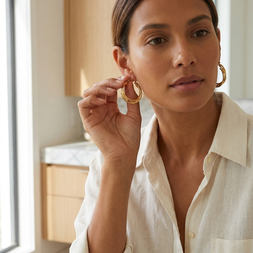 Aramat Jewels triple gold hoop earrings with a twisted detail, 30x7mm, worn by a woman.