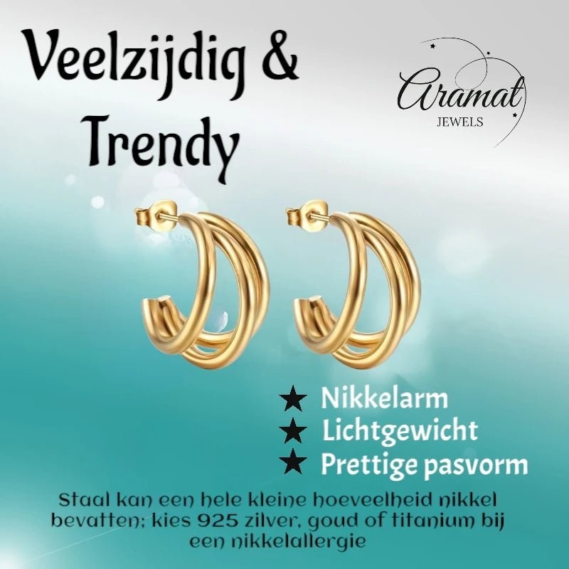 Aramat Jewels goudkleurige triple halve oorringen van roestvrij staal met vlindersluiting voor een trendy look.