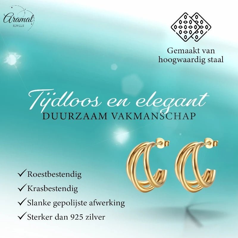 Aramat Jewels goudkleurige triple halve oorringen van roestvrij staal met een elegante, gepolijste afwerking.