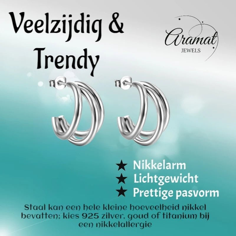 Aramat Jewels zilverkleurige triple halve oorringen van roestvrij staal met vlindersluiting, 25mm hoog.