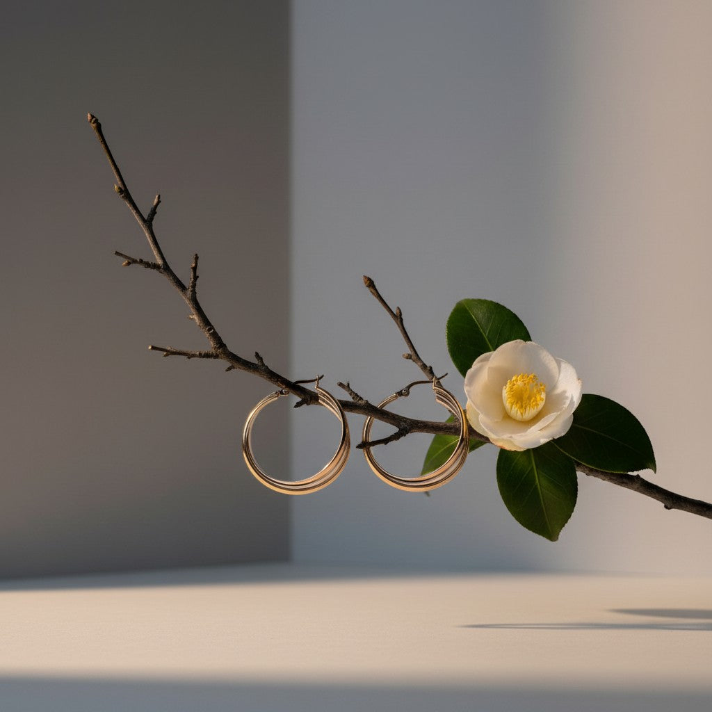 Aramat Jewels gold-tone triple hoop earrings with a crossed design, 35x15mm, displayed on a branch with a white flower.