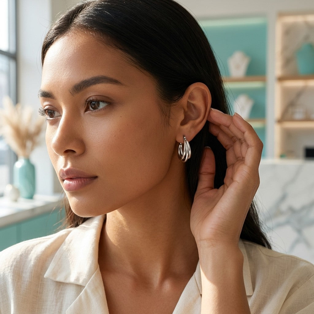 Aramat Jewels silver-tone stainless steel triple hoop earrings, 16mm diameter, worn by a woman.