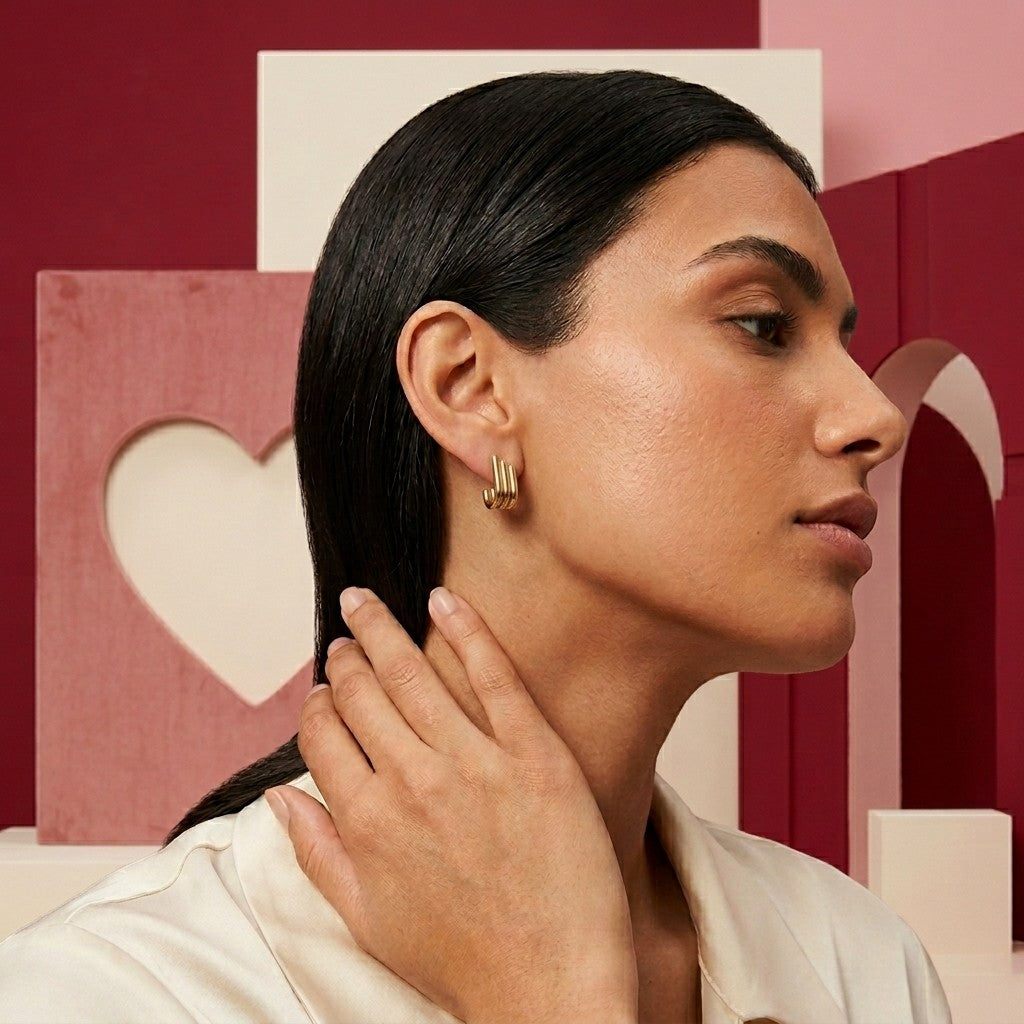 Model draagt goudkleurige Aramat Jewels triple oorstekers met een modern halve hoepel design van drie staafjes.