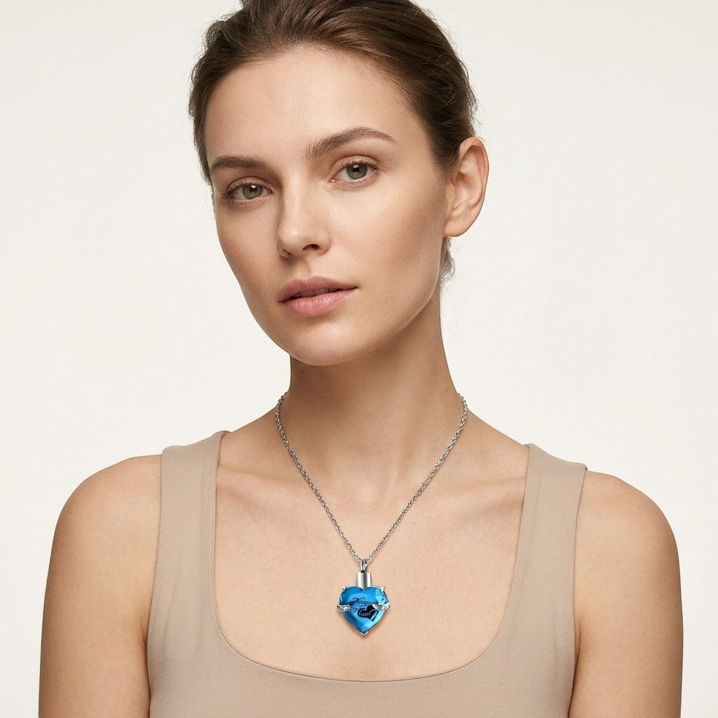 Aramat Jewels turquoise stalen hartvormige ashanger met kristallen, waterbestendig gedenksieraad zonder ketting.