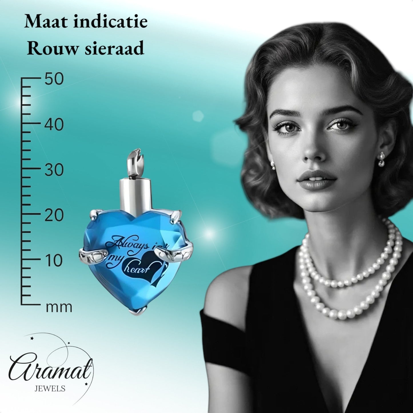 Aramat Jewels® turquoise stalen ashanger in hartvorm met gravure 'Always in my heart'. RVS, waterbestendig.