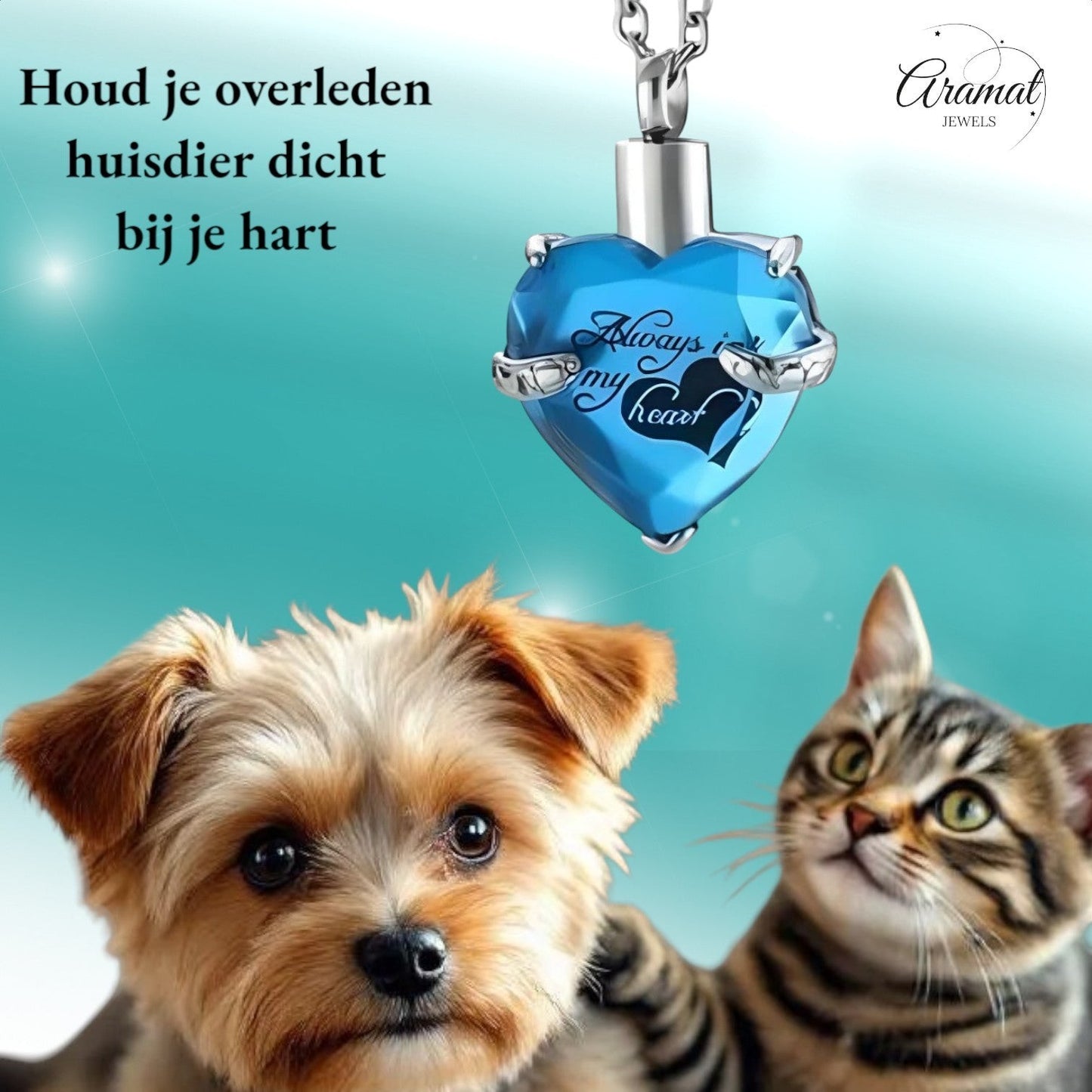 Aramat Jewels turquoise stalen ashanger hart met gravure 'Always in my heart'. RVS, waterbestendig.