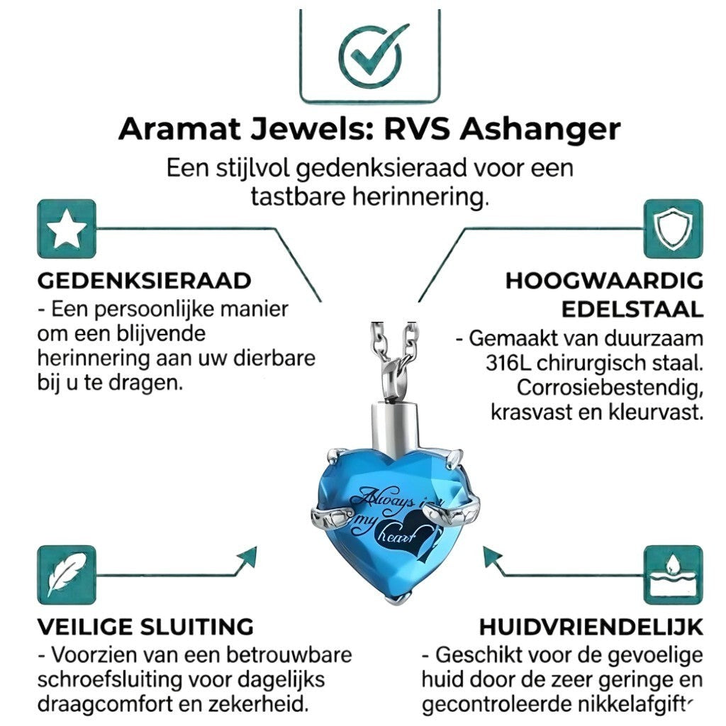 Aramat Jewels turquoise stalen hartvormige ashanger met de tekst 'Always in my heart'. RVS gedenksieraad zonder ketting.