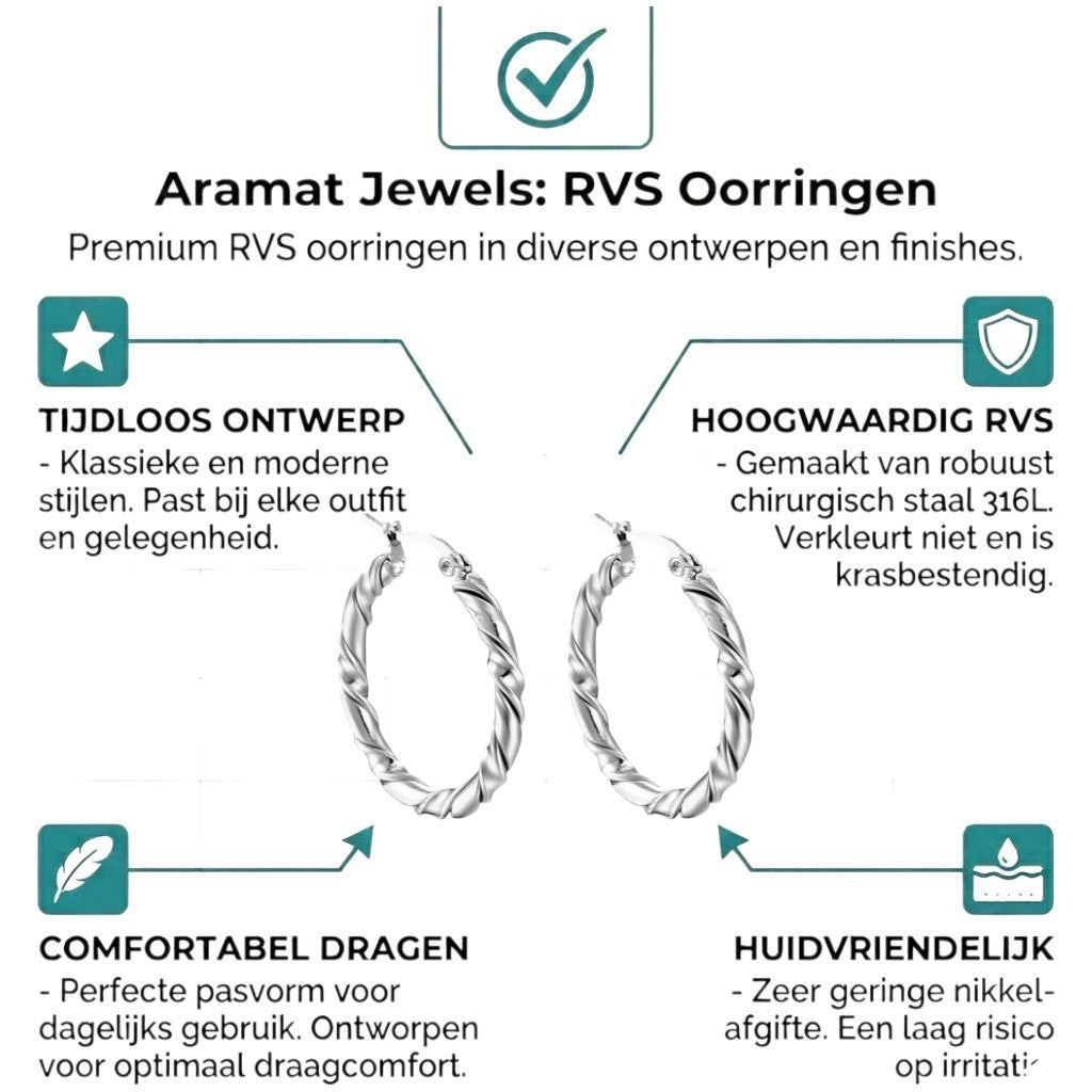 Aramat Jewels silver-tone stainless steel twisted hoop earrings, 30mm diameter, elegant and modern design.