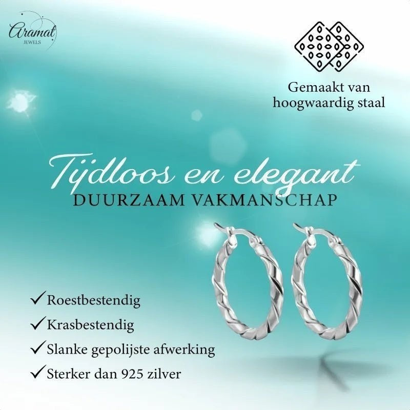 Aramat Jewels silver stainless steel twisted hoop earrings, 25mm or 45mm, timeless and elegant design.