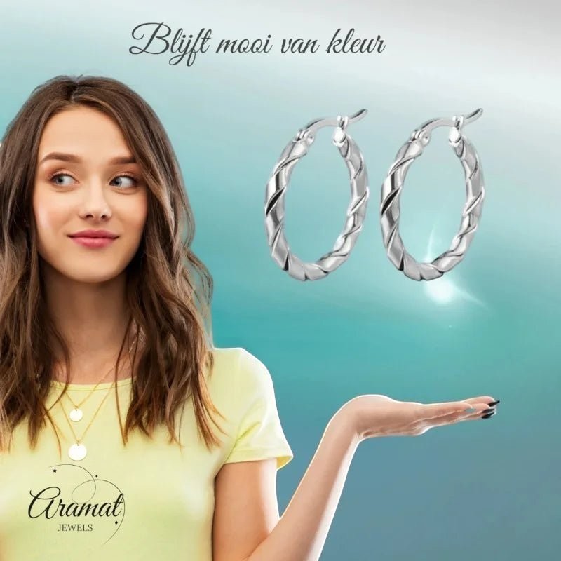Aramat Jewels silver stainless steel twisted hoop earrings, 25mm or 45mm, for women and teens.