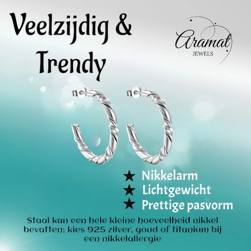 Aramat Jewels silver-colored stainless steel hoop earrings with a twisted rope pattern, 30mm diameter.
