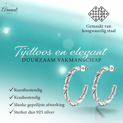 Aramat Jewels silver-colored stainless steel hoop earrings with a twisted rope pattern, 30mm diameter.