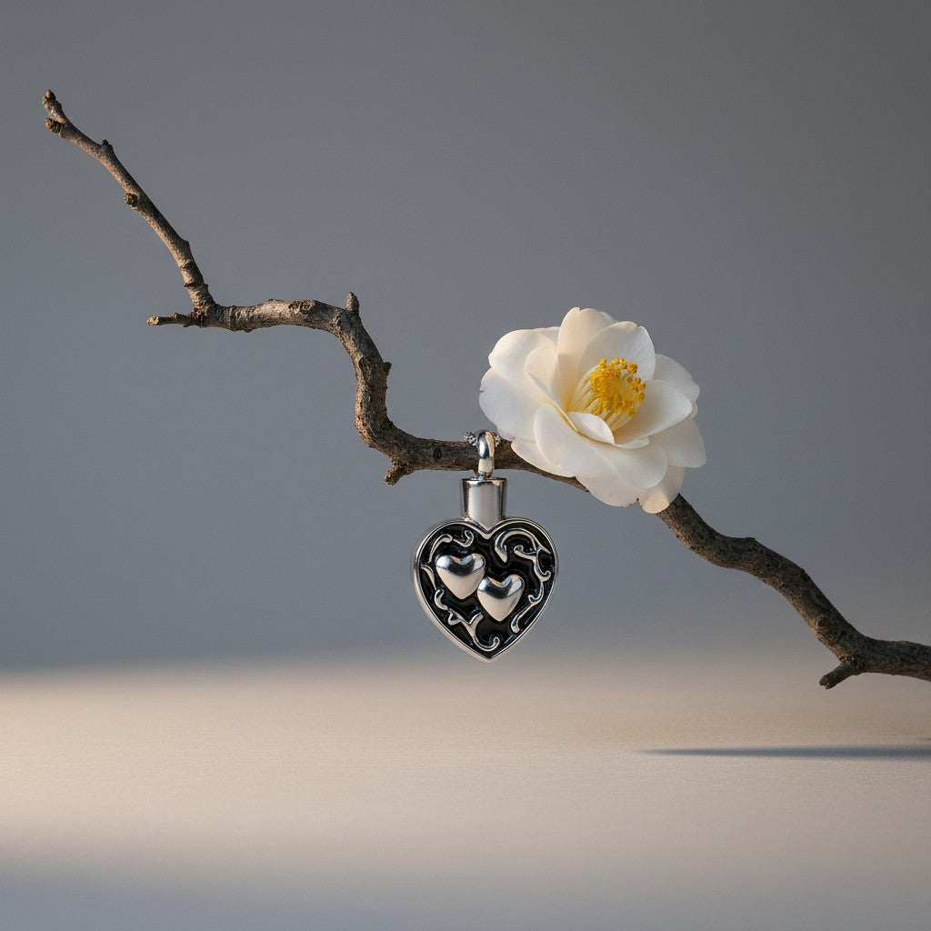 Aramat Jewels silver and black stainless steel cremation urn pendant with two hearts design, 30x18mm.