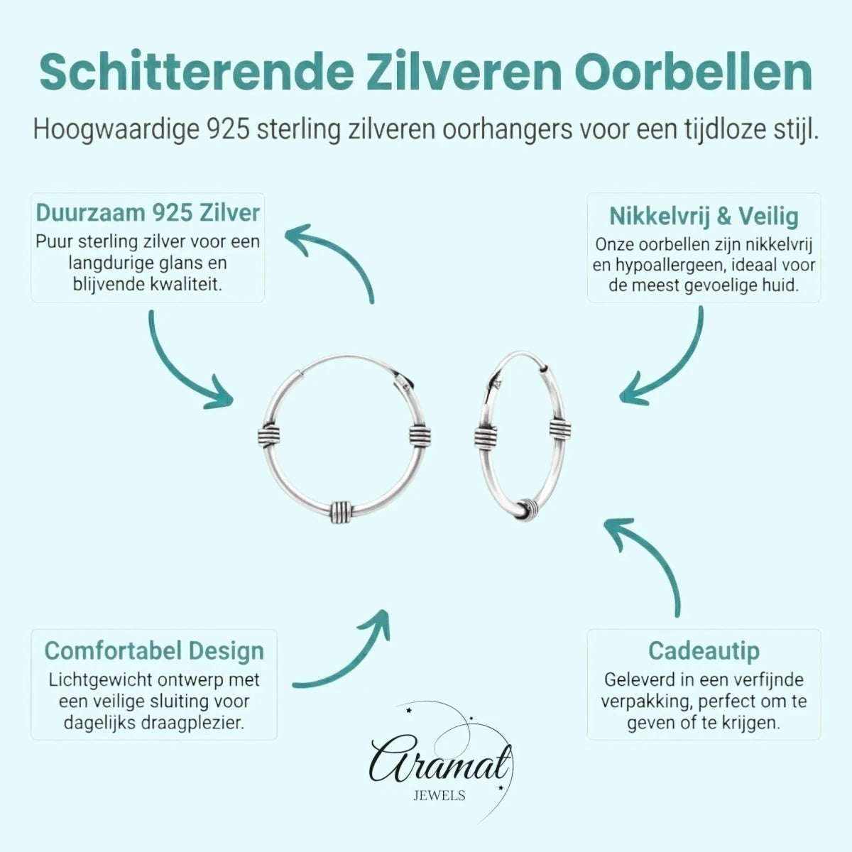 Aramat Jewels unisex 16mm silver Bali hoop earrings with a textured band detail. Lightweight and nickel-free.