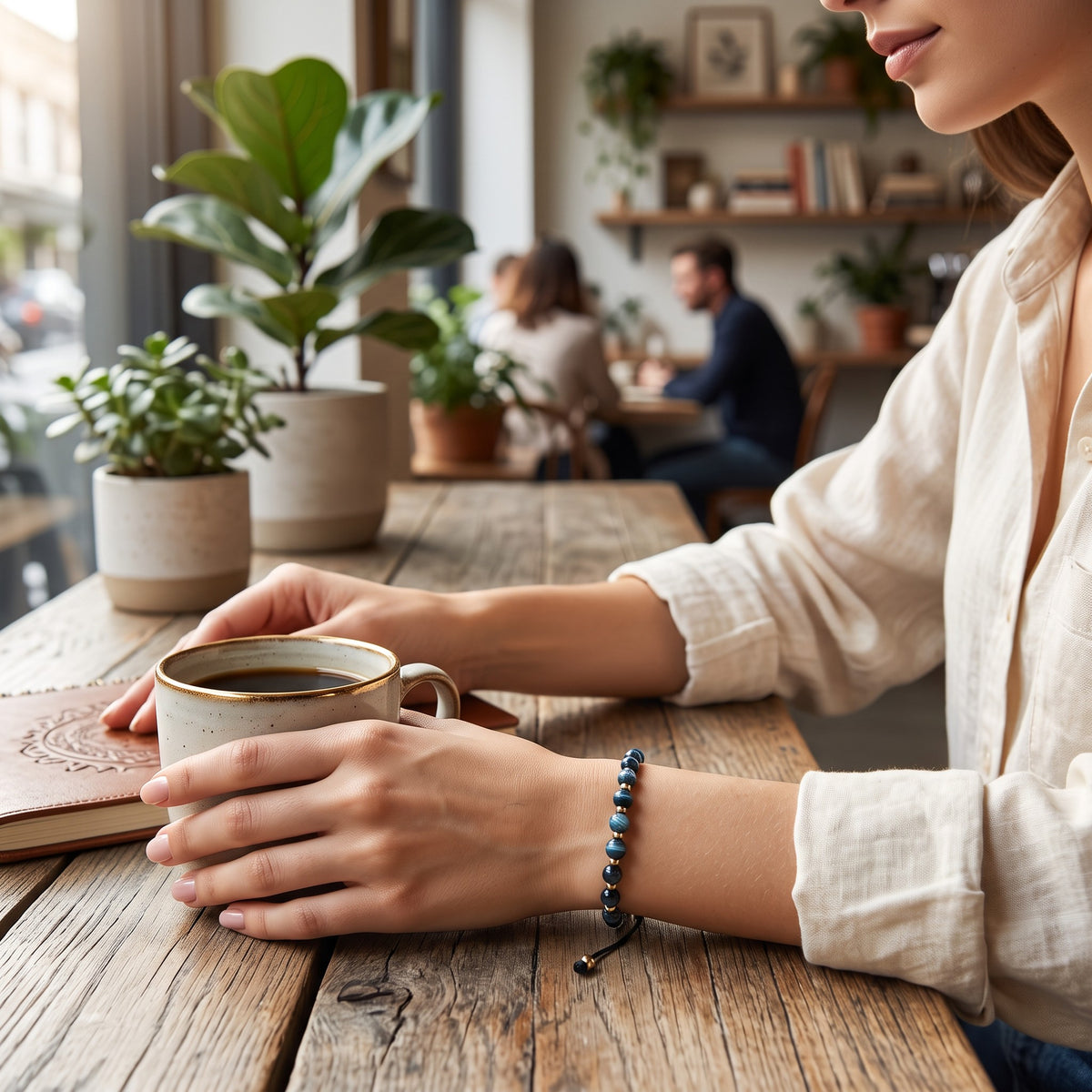 Aramat Jewels verstelbaar enkelbandje met blauwe cats eye kralen gedragen als armband bij een kop koffie in een café.
