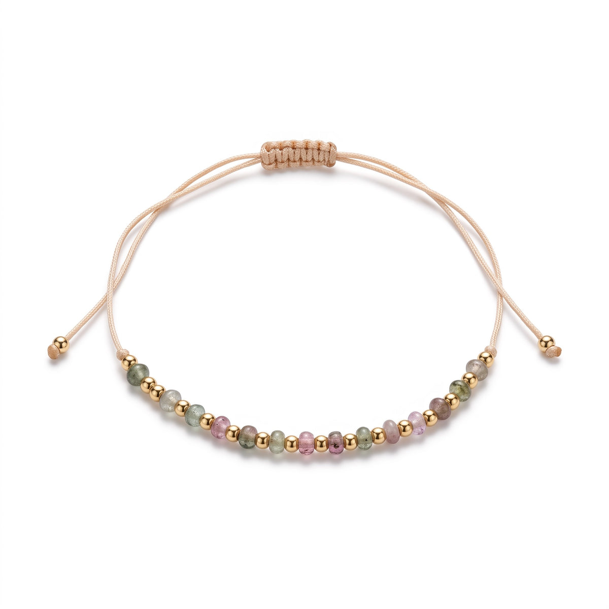 Aramat Jewels verstelbaar enkelbandje met kleurrijke cats eye kralen en goudkleurige accenten op beige touw.