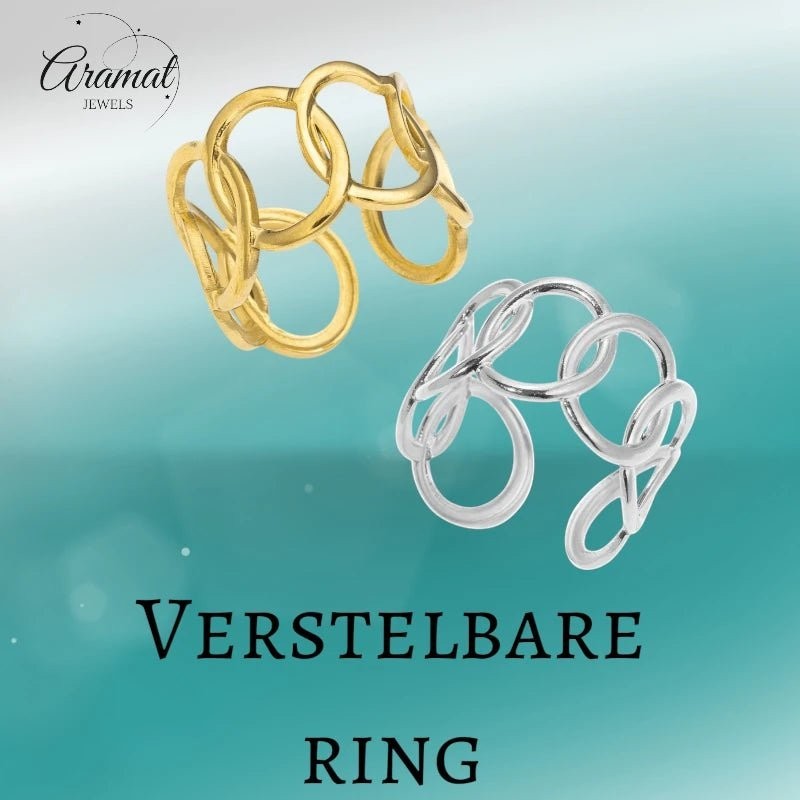 Aramat Jewels verstelbare ringen van RVS met ovale schakels in goud- en zilverkleur, 13 mm breed.