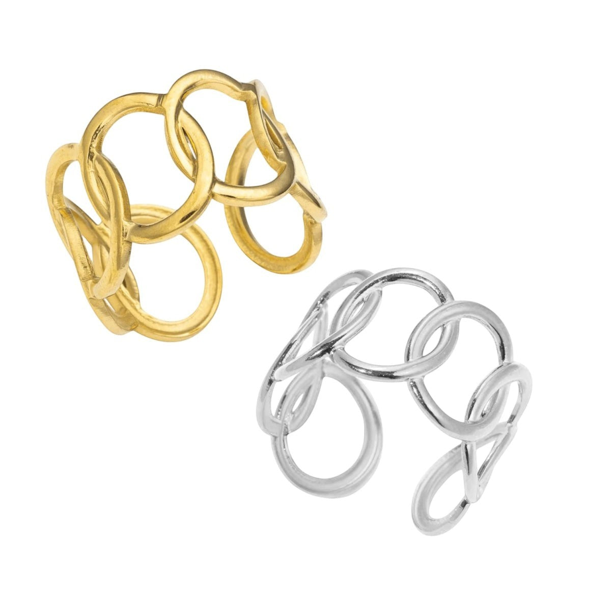 Aramat Jewels verstelbare RVS ringen met ovale schakels in goud- en zilverkleur, 13 mm breed.