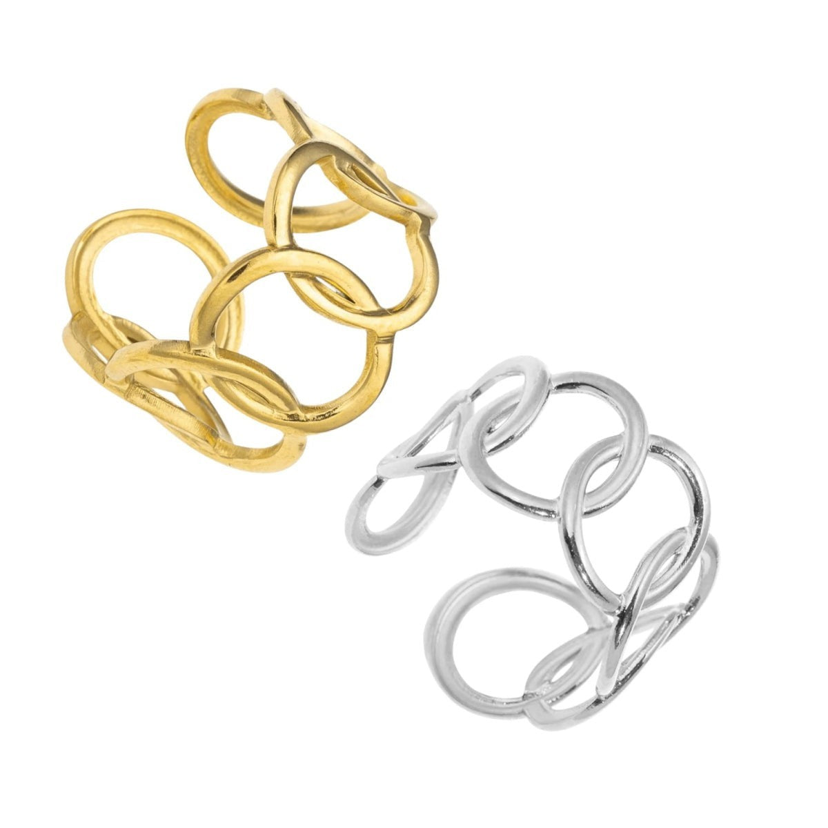 Aramat Jewels verstelbare RVS ringen met ovale schakels in goud- en zilverkleur, 13 mm breed.