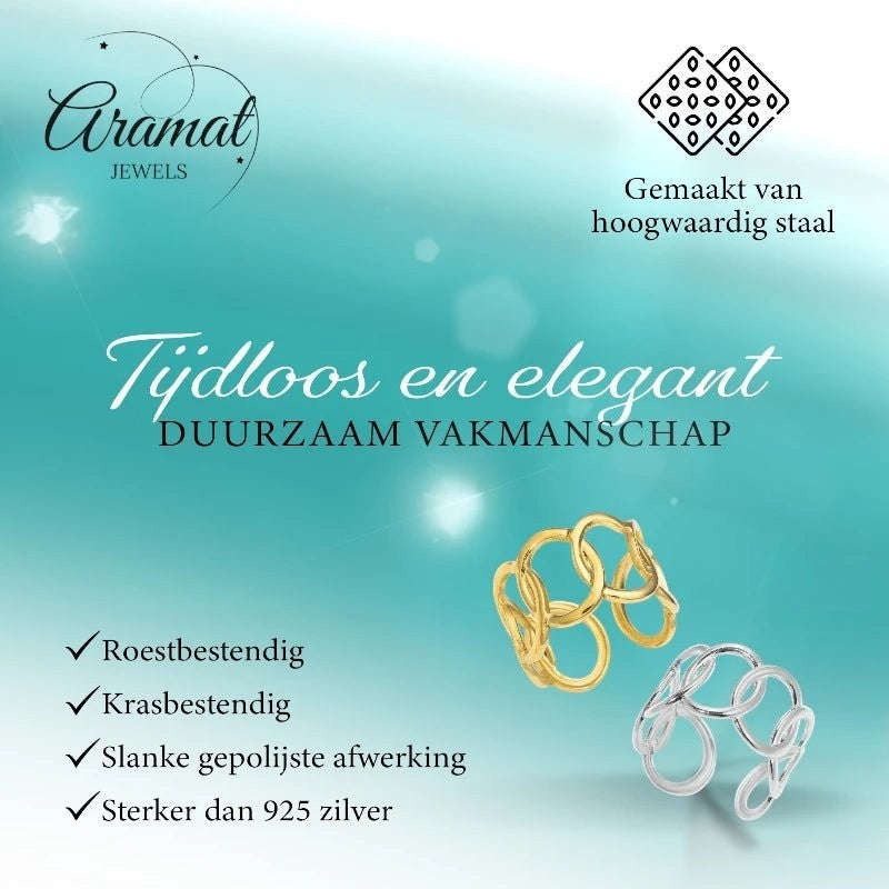 Aramat Jewels verstelbare RVS ringen met ovale schakels in goud- en zilverkleur, 13 mm breed en krasbestendig.