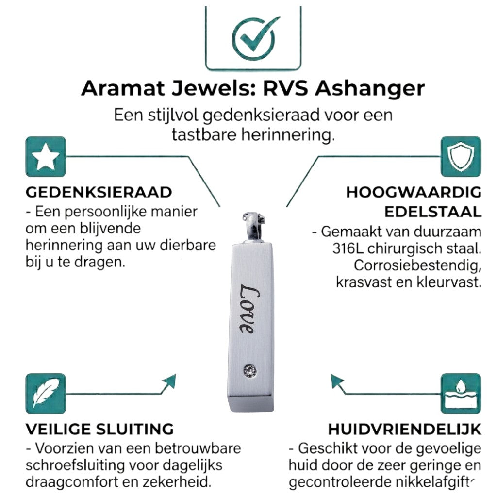 Aramat Jewels vierkante buis ashanger van roestvrij staal met de tekst 'Love' en een zirkonia.