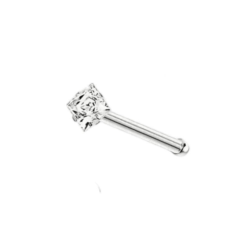 Aramat Jewels neuspiercing van chirurgisch staal met een vierkante transparante zirkonia steen van 2mm op een recht staafje