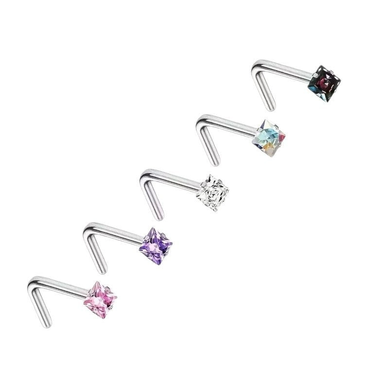 Aramat Jewels neuspiercing van chirurgisch staal met vierkante 2mm zirkonia in diverse kleuren en L-vormig staafje.