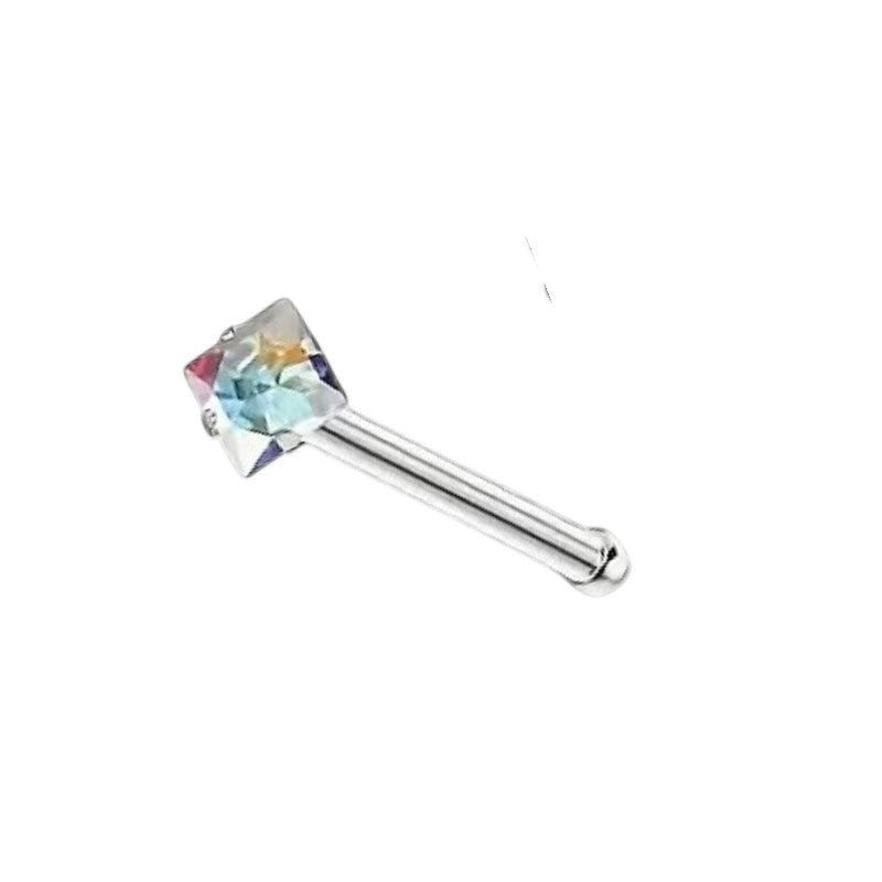 Aramat Jewels neuspiercing van chirurgisch staal met een vierkante 2mm AB zirkonia steen op een recht staafje