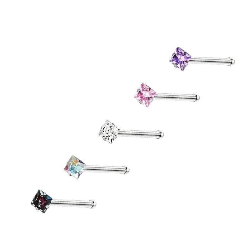 Aramat Jewels neuspiercing set met vierkante 2mm zirkonia steentjes in diverse kleuren op een recht stalen staafje.