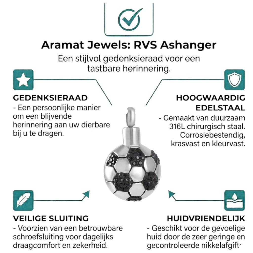Aramat Jewels zilverkleurige RVS voetbal ashanger met zwarte steentjes, 27x17mm.
