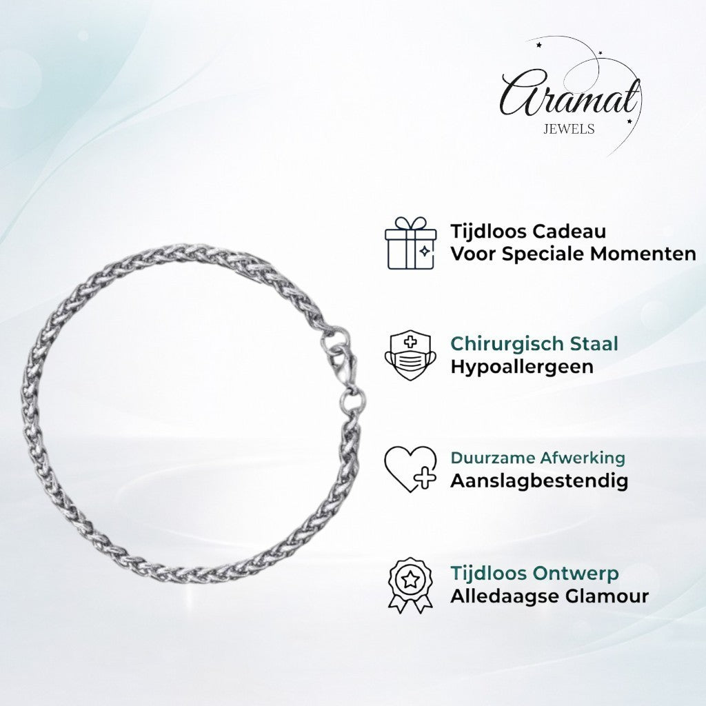 Zilverkleurige Aramat Jewels vossenstaart armband van roestvrij staal, 4 mm breed en 21 cm lang.