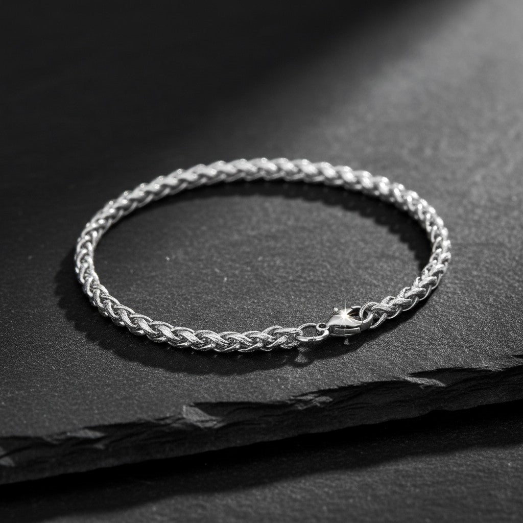 Zilverkleurige Aramat Jewels vossenstaart armband van roestvrij staal met gevlochten schakels, 4 mm breed en 21 cm lang.