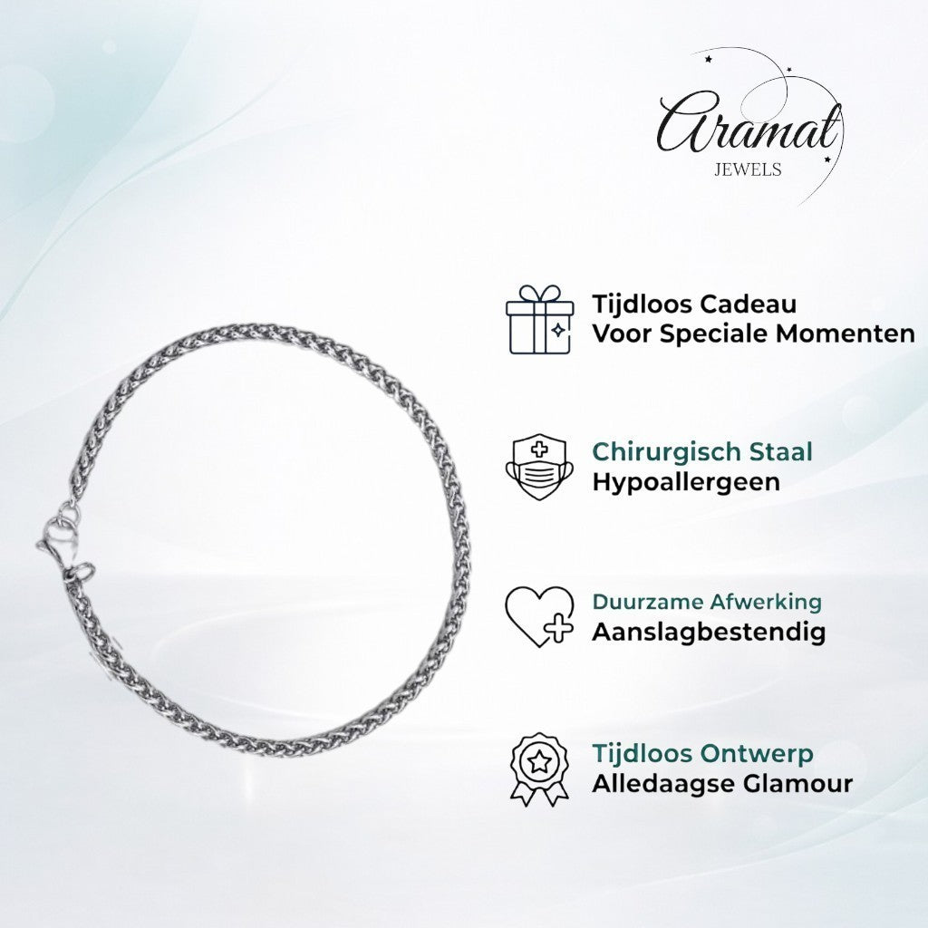 Zilverkleurige Aramat Jewels vossenstaart armband van RVS met 3mm schakels, elegant en tijdloos design.
