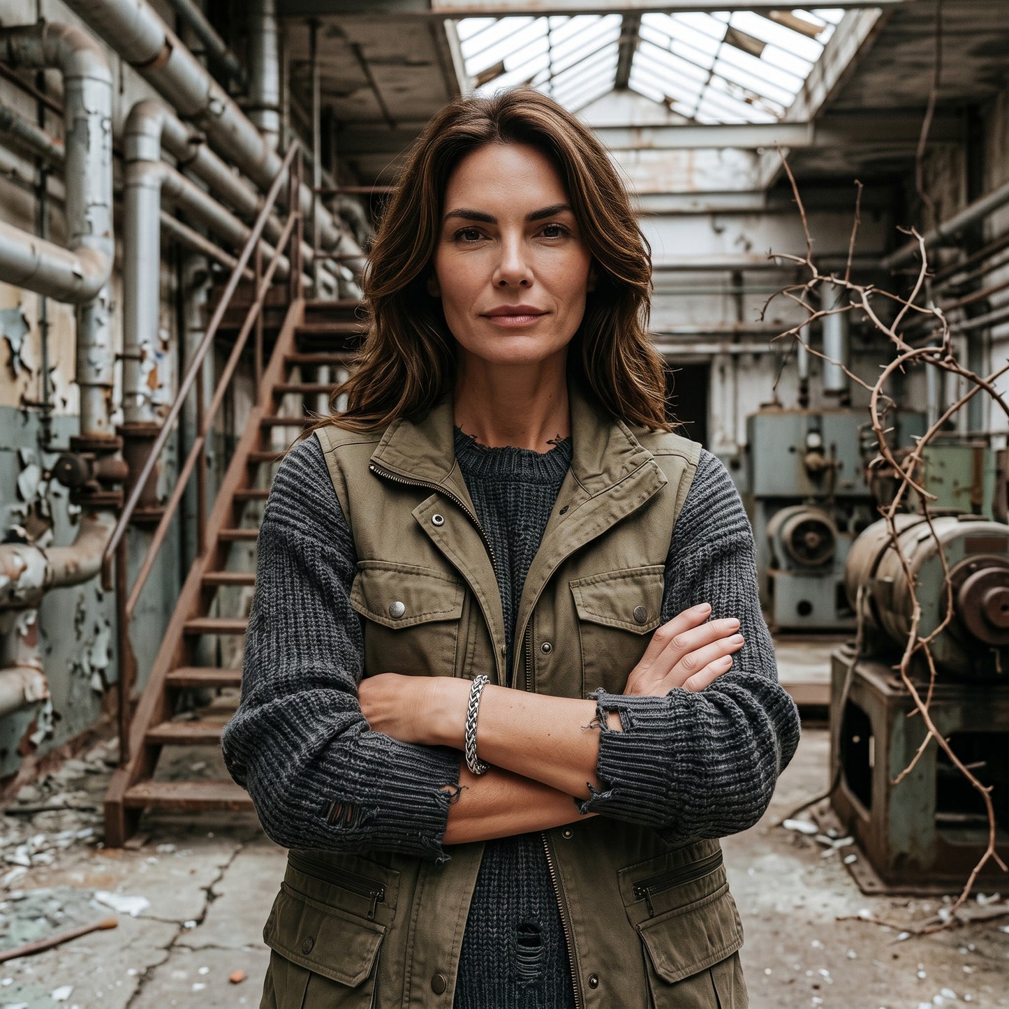 Aramat Jewels zilverkleurige vossenstaart armband van RVS, 20cm lang, gedragen door een vrouw in een industriële omgeving.