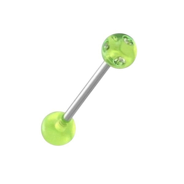 Aramat Jewels yellow acrylic tongue piercing with clear crystals on a steel bar. Features 6mm acrylic balls.